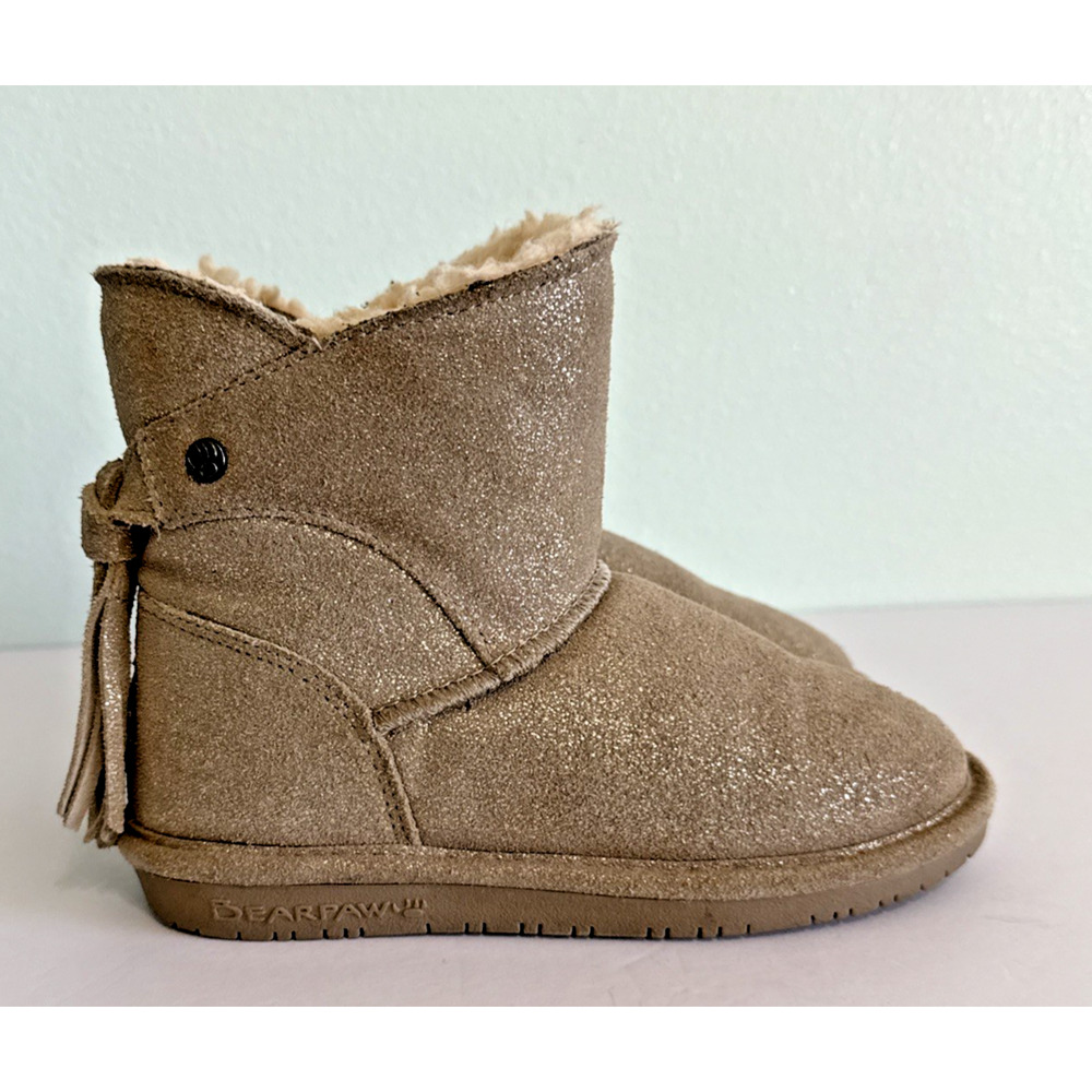 Bearpaw Kids Gold Shimmer Tassel Faux Fur Lined Boots Size 13 Champagne Sparkle